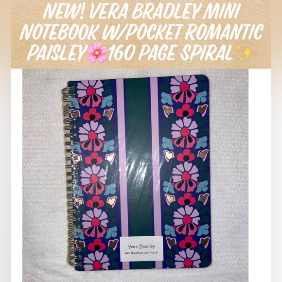 New! Vera Bradley Mini Notebook W/Pocket Romantic Paisley🌸160 page Spiral✨ - Picture 1 of 12